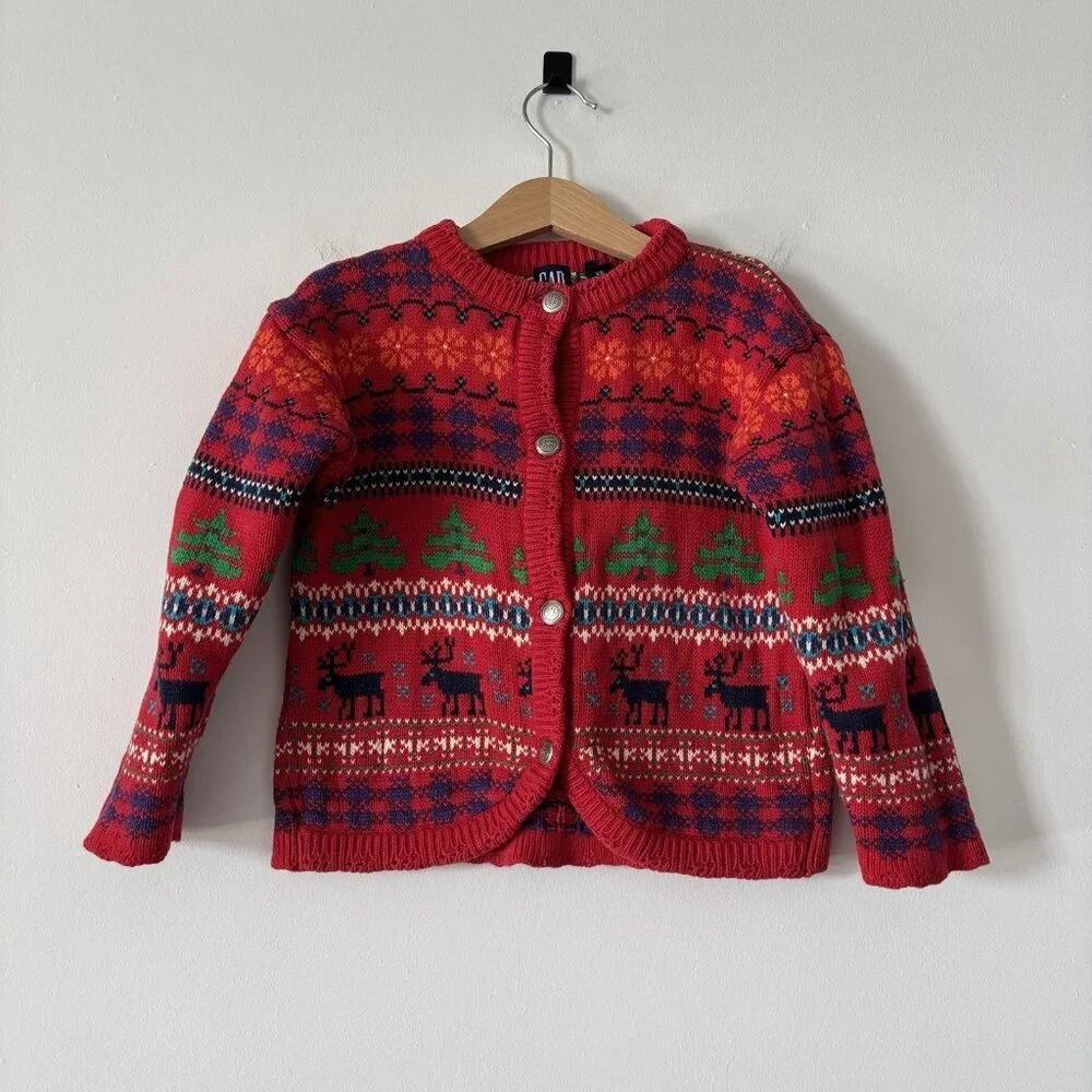 Vintage GAP Kids Fair Isle Cardigan Red Sweater XS Moose Tree Scandi 100% Cotton
